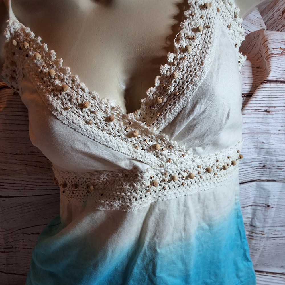 Boho Crochet Trim V-Neck Tank Top in Cream and Turquoise